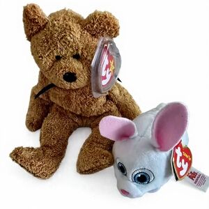 Ty Beanie Babies Plush Bear and Bunny - Brown & White/Pink